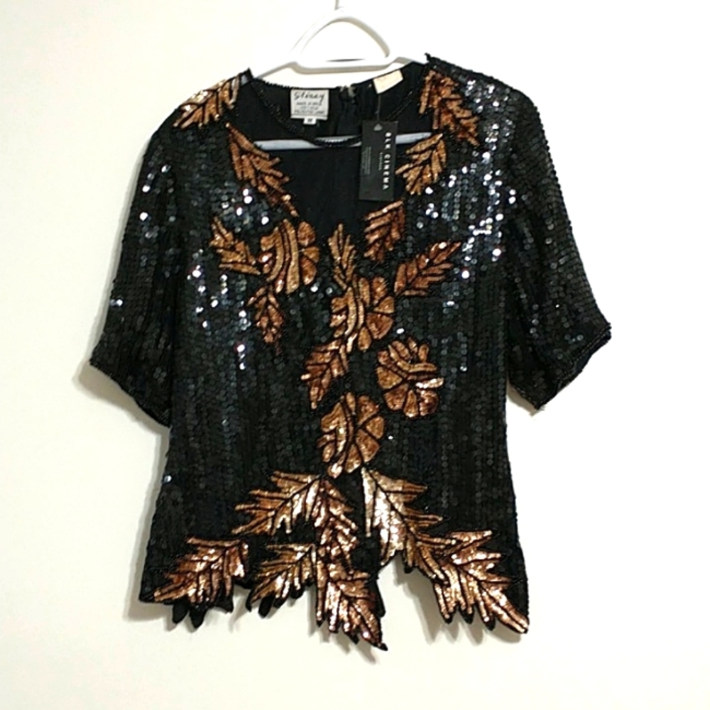 Stenay black cinema vintage kleo 80's leaf sequin party dress top